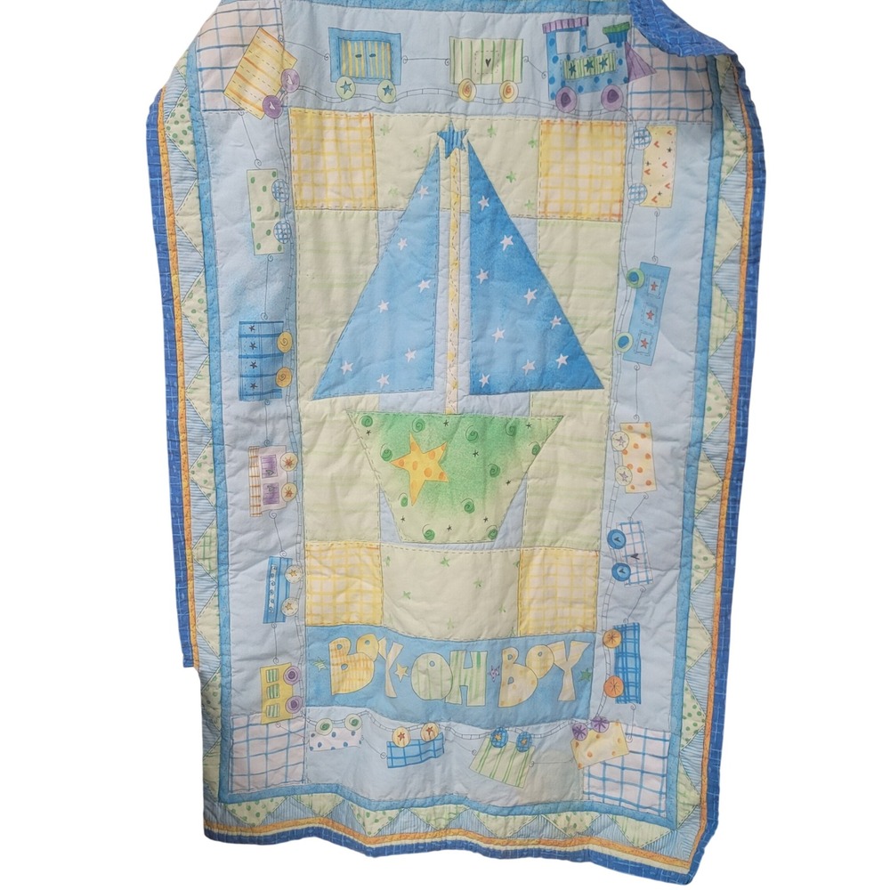 Vintage Nursury Boy Oh Boy Nautical Sailboat Train Baby Quilt Blue Green 26x36